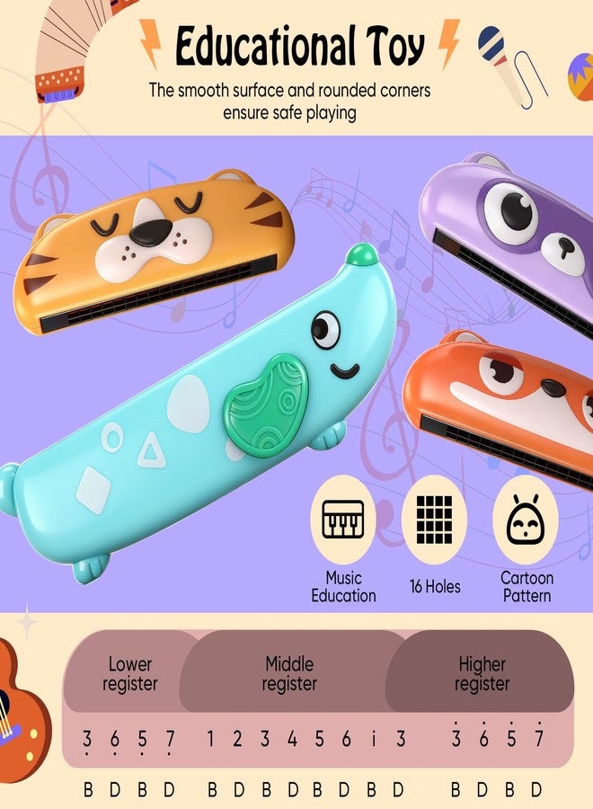 Lukmaa 4 Pcs Harmonica for Kids Beginners Toddler Musical Instruments Toys 16 Hole Harmonica Easy to Learn C Key Cute Dog Tiger Fox Raccoon Mouth Organ Set Educational Toys for Baby Over 3 Years Old - Image 5